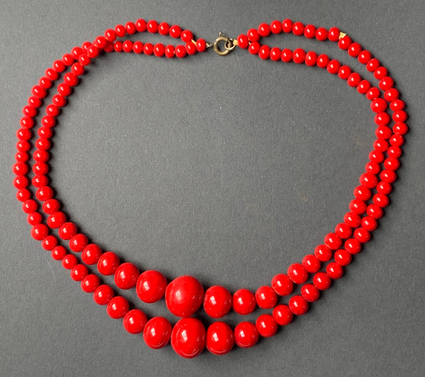 Vintage Crimson Red Glass Bead Double Strand Necklace