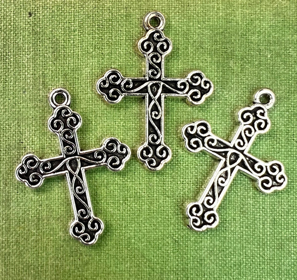 3 Silver Tone Ornamental Crosses - 3cm tall Charms / Pendants