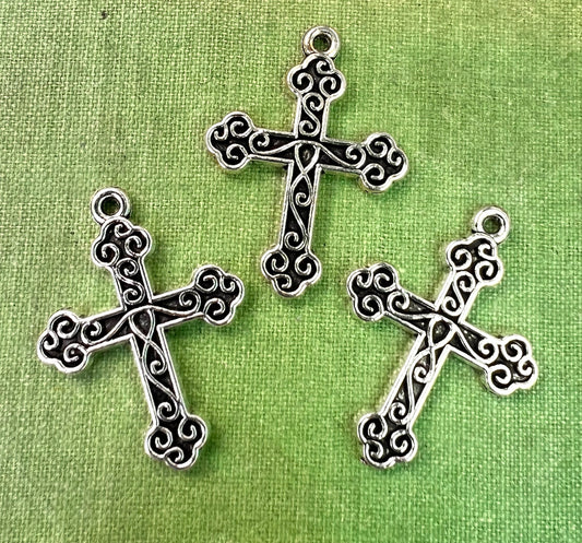 3 Silver Tone Ornamental Crosses - 3cm tall Charms / Pendants