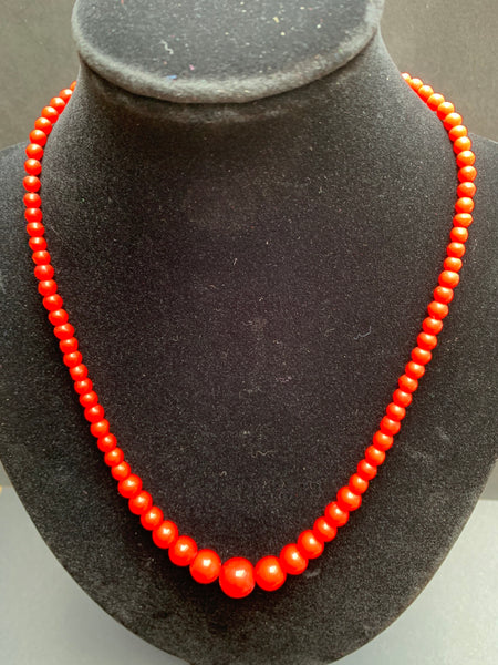 Vintage Graduated Red Glass Bead Necklace - 17.5"  long