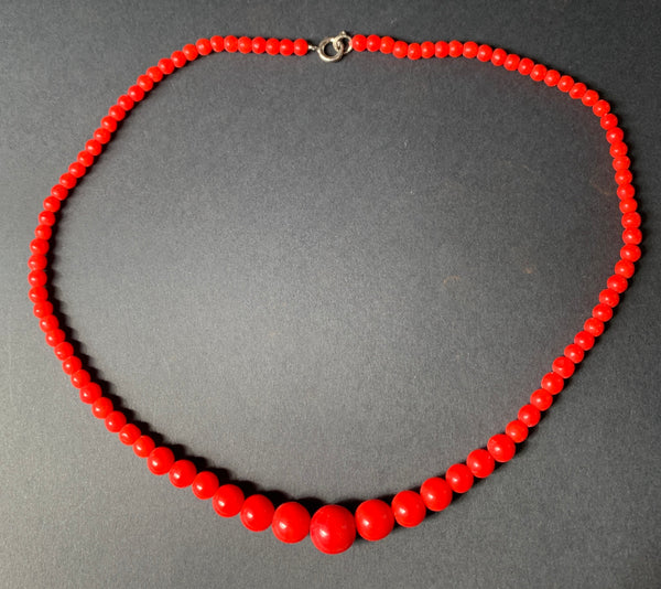 Vintage Graduated Red Glass Bead Necklace - 17.5"  long