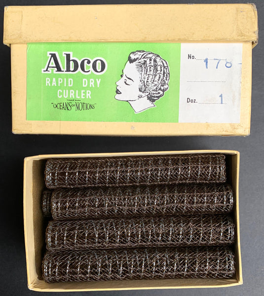 Box of 12 Unused 1940's Rapid Dry Curlers Hair Rollers "OCEANS Of NOTIONS"