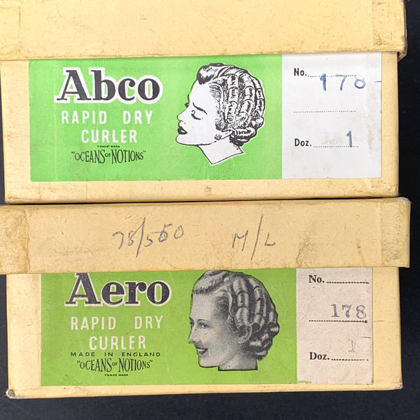 Box of 12 Unused 1940's Rapid Dry Curlers Hair Rollers "OCEANS Of NOTIONS"