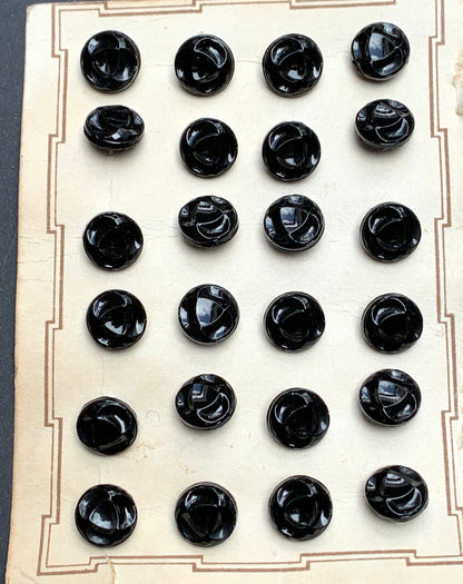 Deco Black Glass Buttons - 8mm, 1cm-or 1.2cm 24 on Original Shop Card or 6 loose.