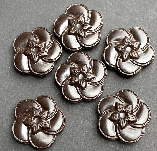 6 x 1940s Made in England 2.2cm Rich Brown Bakelite Flower Buttons