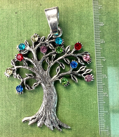 Big 6cm Crystal Adorned Silver Tone Tree Pendant or Necklace