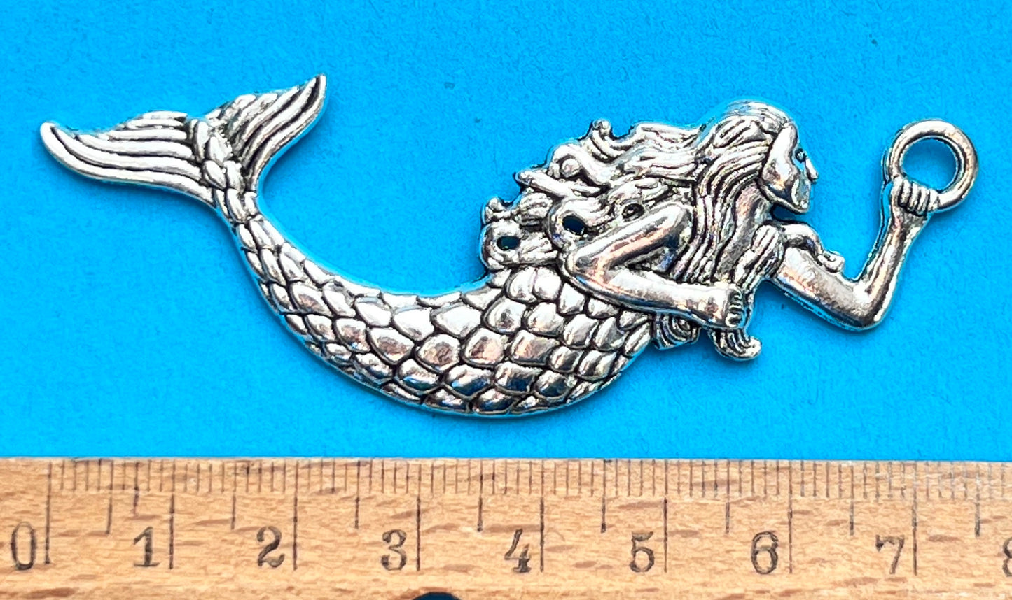 Striking 8cm Silver Tone Mermaid Pendant