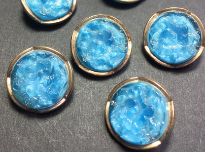 1 Turquoise Blue 1930s Flower Embossed 1.8cm Vintage Glass Button