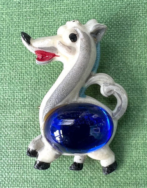 Prancing Pony ..1940s Celluloid and Glass Brooch