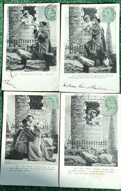 4 French Postcards from 1905 showing a Romantic Story   (4)