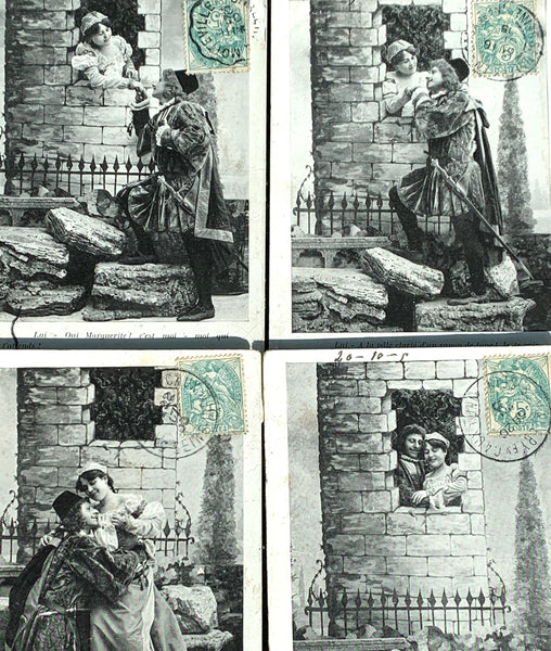 4 French Postcards from 1905 showing a Romantic Story   (4)