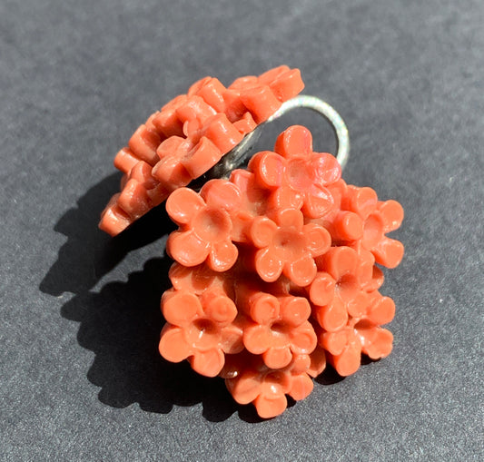 Vintage Coral Pink Little Bunch of Flowers Clip On Earrings