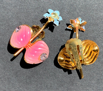 Sweet Enamel Painted Flower Vintage  Clip On Earrings