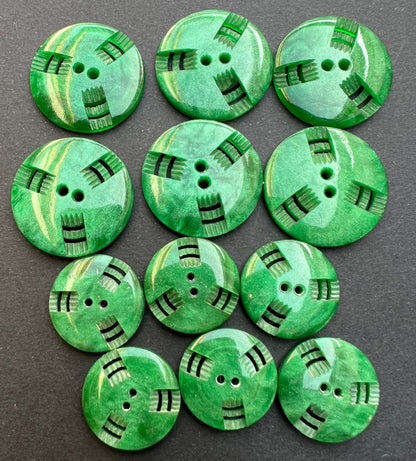 6 Dappled Forest Green Vintage French  Buttons - 2.2cm or 1.7cm