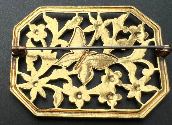 Shiny Vintage Gold Butterfly and Flowers Brooch