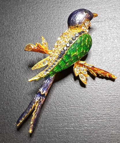Gloriously Sparkly Vintage Enamel and Swarovski Crystal Bird  Brooch