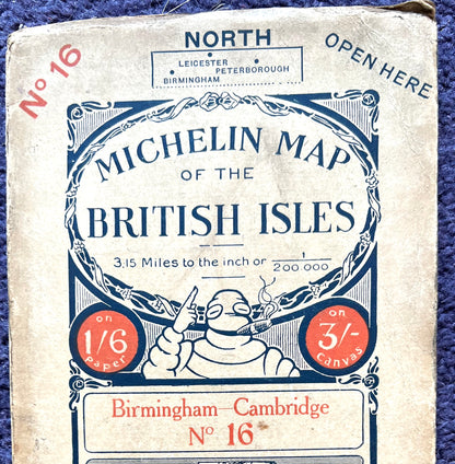 1920s BIRMINGHAM - CAMBRIDGE Michelin Map  (Sheet 16) incl Northampton, peterborough, Leicester
