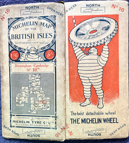 1920s BIRMINGHAM - CAMBRIDGE Michelin Map  (Sheet 16) incl Northampton, peterborough, Leicester
