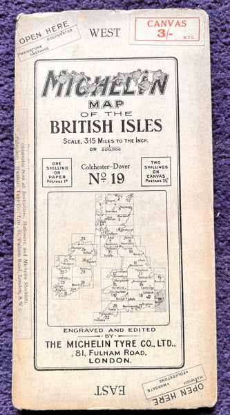 COLCHESTER - DOVER  1920s Michelin Map  (Sheet 19) incl Margate, Ramsgate, Hastings