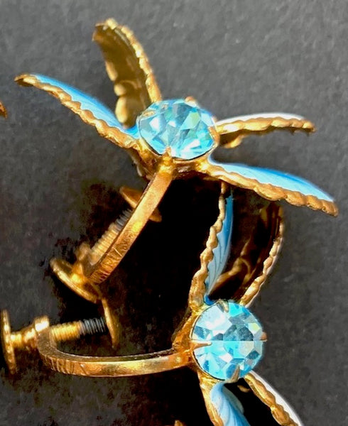 Delicate Vintage Austrian Crystal Blue and Yellow Clip-On Earrings
