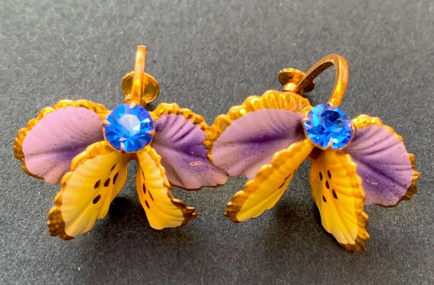 Delightful Vintage Austrian Crystal Violet, Yellow and Blue Clip-On Earrings