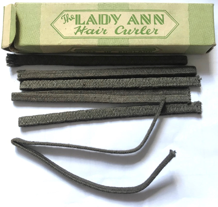 1930s Box of 6 x  6" long Lady Ann fabric covered Hair Curlers