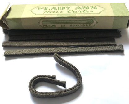1930s Box of 6 x  6" long Lady Ann fabric covered Hair Curlers