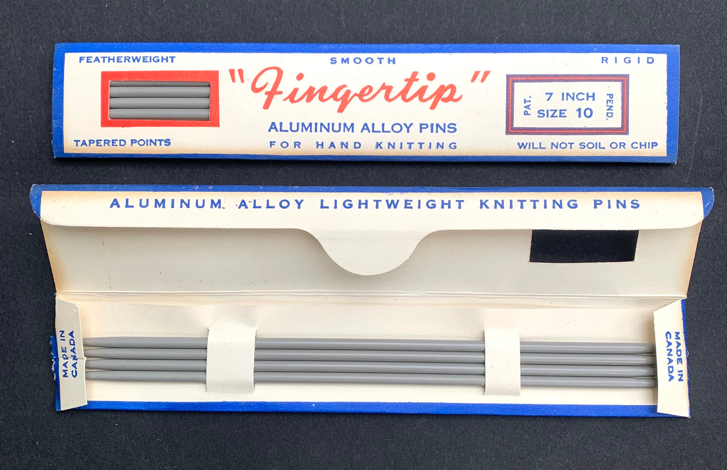 Vintage Set of 4 "Fingertip" Smooth  Pins for Hand Knitting 7"  Gauge 10