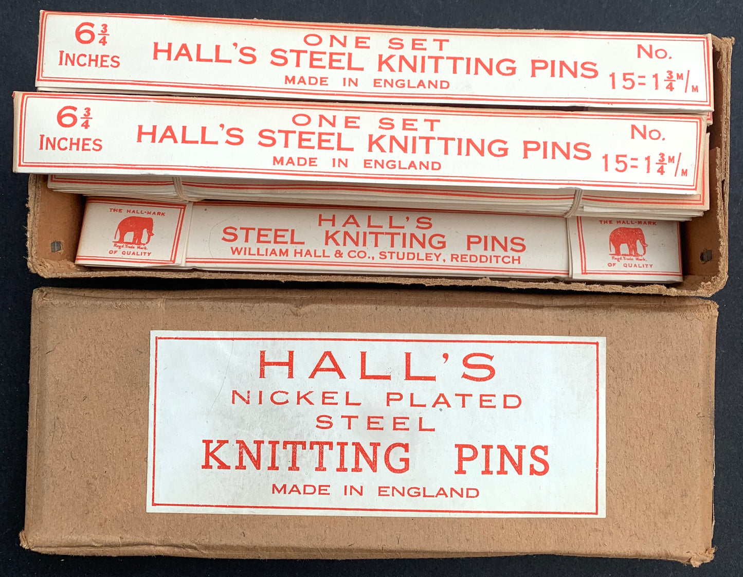 1 Set of 4 HALL'S STEEL KNITTING PINS 6 3/4"  Made in England