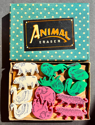 48 Wonderful ANIMAL Erasers - Vintage Shop Display Box - Made in Japan