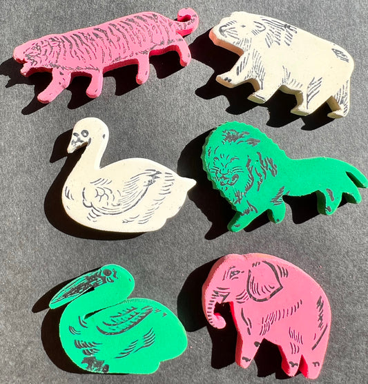 6 Unused 1950s Animal Erasers / Rubbers - Made in Japan
