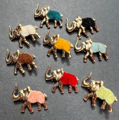 Jolly Vintage Colourful Flocked Elephant Brooches
