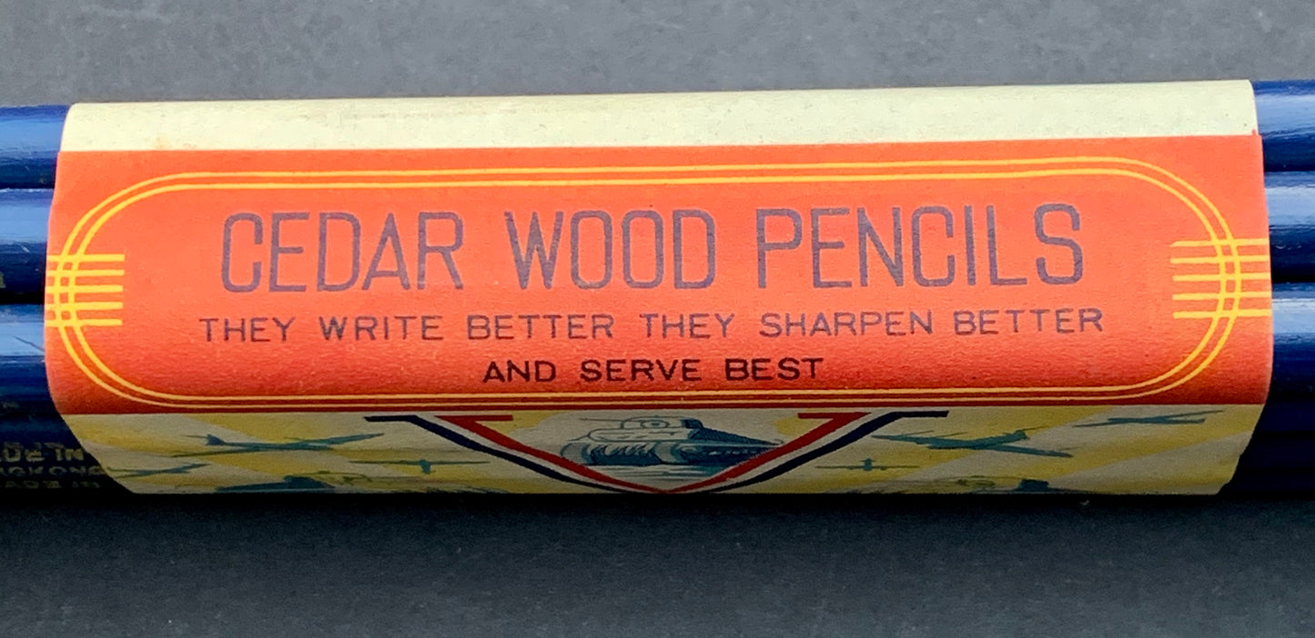 1940s Wartime CEDAR WOOD Blue PENCILS with Tanks and Planes - Bundle of 12