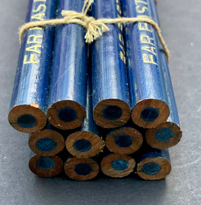 1940s Wartime CEDAR WOOD Blue PENCILS with Tanks and Planes - Bundle of 12