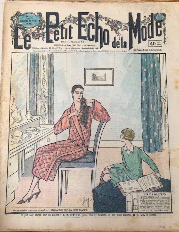 Mother & Daughter on cover of February 1929 French Fashion Paper Le Petit Echo de la Mode