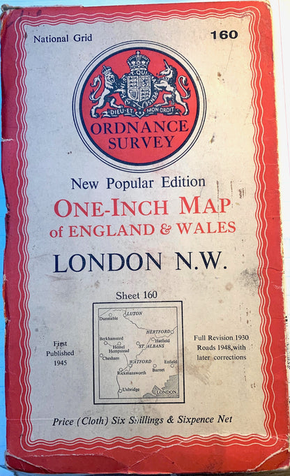 Fascinating 1940s and 50s ORDNANCE SURVEY MAPS of N.W. LONDON, Middlesex + Hertfordshire 1" to 1 Mile
