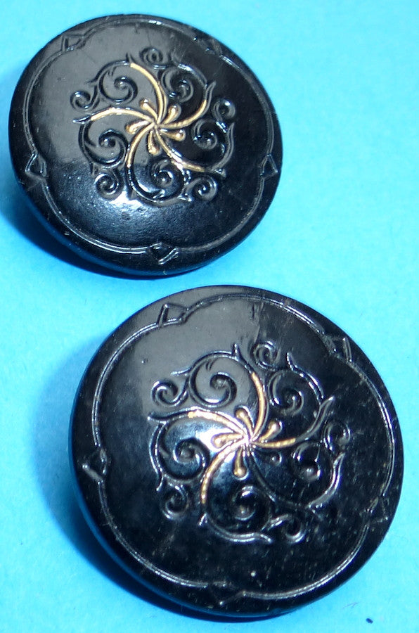 1 Vintage 1930s French Rococo Buttons Black Glass with Gold Detailing 1.8cm